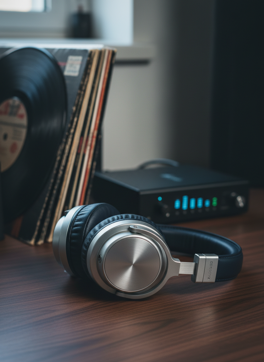 A close-up of an elegant, high-end over-ear headphone set resting on a dark walnut studio desk, its brushed aluminum cups and deep navy leather padding rendered in crisp photographic realism. Surrounding it, a neat stack of vinyl records and a minimalist audio interface with softly glowing LED levels hint at serious listening. Cool, diffused light from an unseen window grazes the metal surfaces, creating subtle highlights and gentle shadows. Shot at eye level with a shallow depth of field, the headphones are in razor-sharp focus while the background gear melts into a soft bokeh, evoking a professional, contemplative mood ideal for in-depth music reviews.