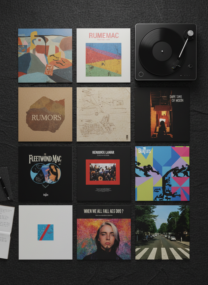 A carefully arranged flat lay of several classic and modern album covers spread across a charcoal-grey felt surface, each sleeve showing detailed artwork and varied textures from matte cardboard to glossy finishes. A slim, black turntable occupies one corner, its tonearm resting precisely at the edge of a record. Overhead, soft studio lighting evenly illuminates the scene, bringing out rich colors without harsh reflections. The composition follows the rule of thirds, with clean negative space for balance, creating a professional, archival atmosphere that suggests curated, thoughtful music criticism in a realistic photographic style.
