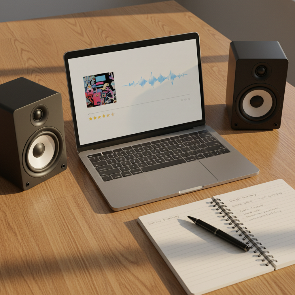 A sleek laptop open on a clean oak desk, its screen displaying a minimalist music player interface with album art, waveform, and rating stars, all in sharp focus. Beside it, a pair of compact studio monitor speakers with textured cones flank the workspace, and a notebook lies open with neatly written track titles. Late afternoon golden light spills in from the left, casting long, soft shadows and warm reflections on the desk surface. Captured from a slightly elevated angle in photographic realism, the composition feels balanced and modern, conveying a disciplined, professional environment where analytical music reviews are crafted.
